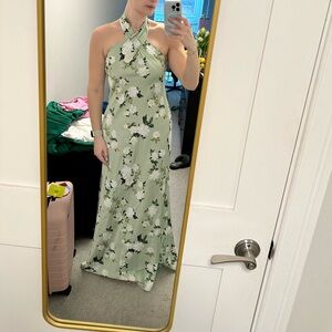Anthropologie Ruby Twist Halter Gown Green Floral BHLDN Size 4 Bridesmaid Dress